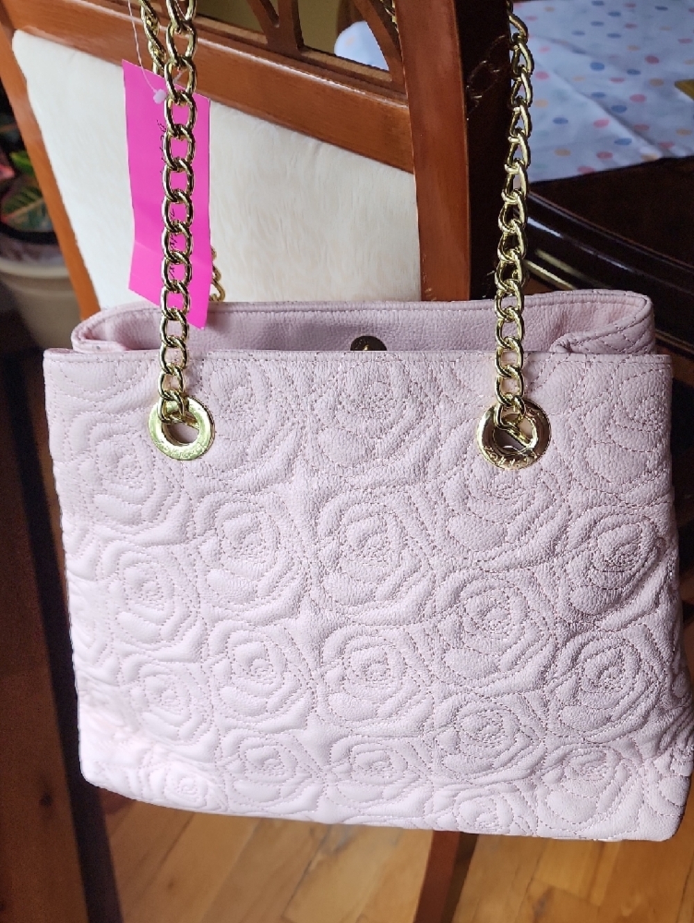 Betsey Johnson Blush Quilted Rose Embossed Shoulder Bag with Gold Chain - Picture 5 of 16